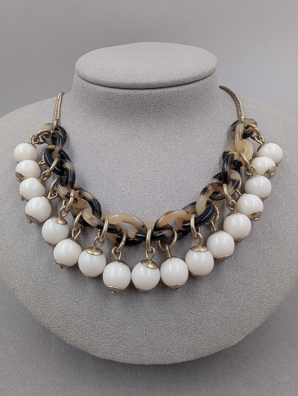J.Crew Tortoise Link Ivory Bead Statement Necklace Mixed Media | 0831AB